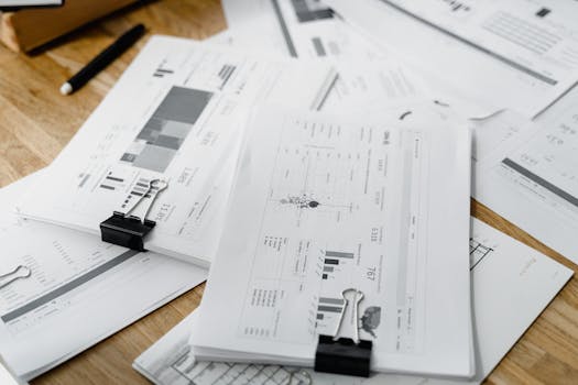 A stack of financial reports and graphs with clips on a wooden desk, highlighting business planning.