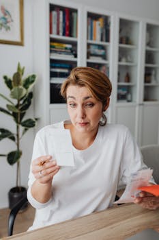 An adult woman with a surprised expression looks at a receipt at her desk.