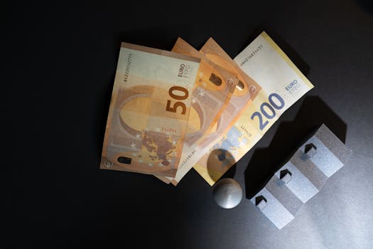 Close-up of Euro banknotes and model houses on dark background symbolizing real estate investment.