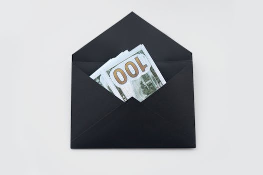 Hundred dollar bills partially visible in an open black envelope on a white background.