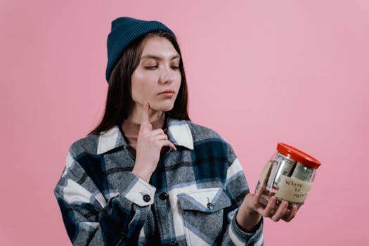 Pensive woman with a savings jar labeled 'where to next' on a pink background.